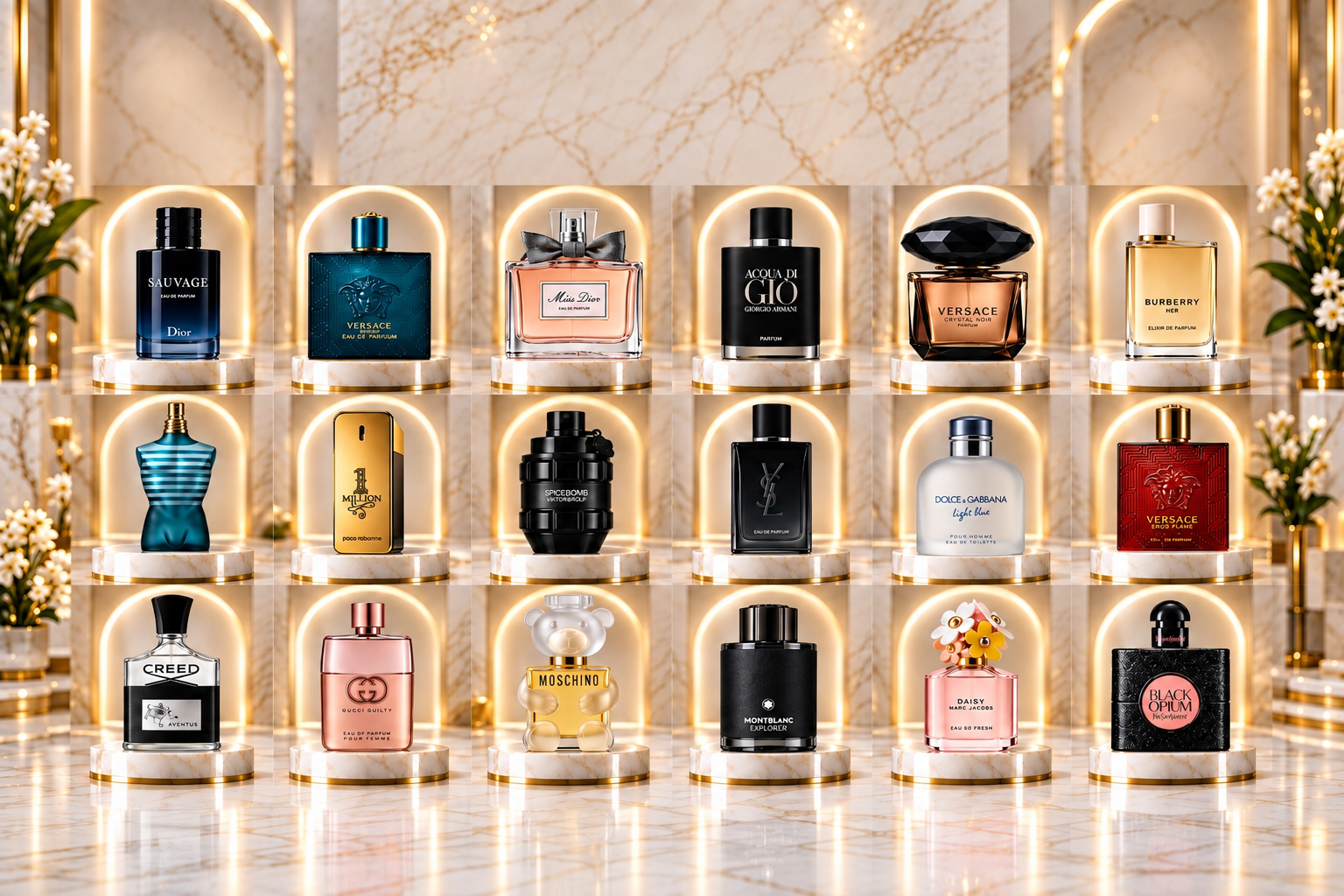 A curated collage of fragrances